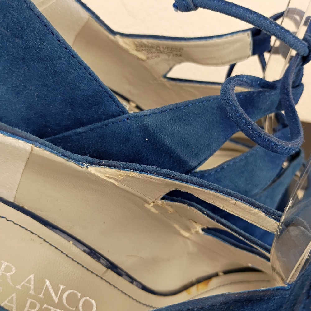 Franco Sarto Deco Blue Suede Lace Up Peep Toe Wedge Sandals Shoes Womens 7.5M - Picture 11 of 12